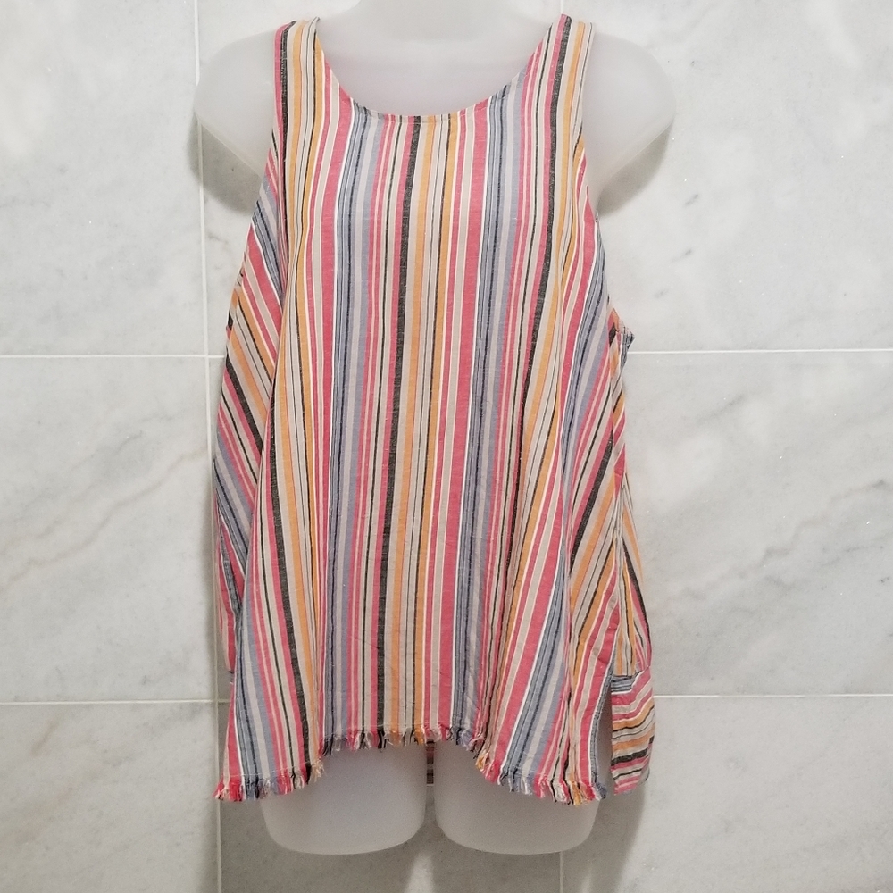 Drew Agave Linen Frayed Hem Striped Top L